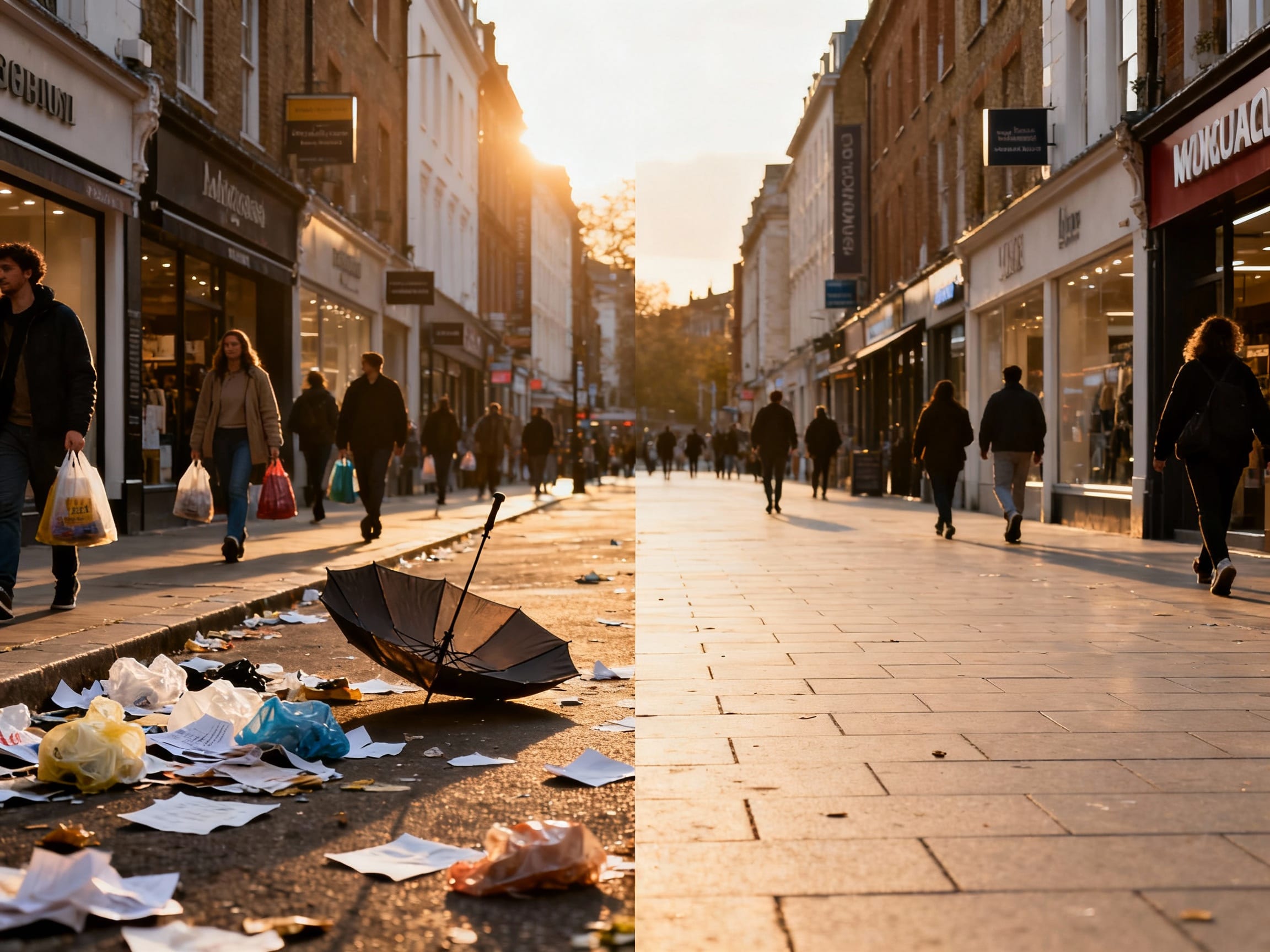 Before and after comparison of a busy street scene cleaned by AI, showing clutter removed