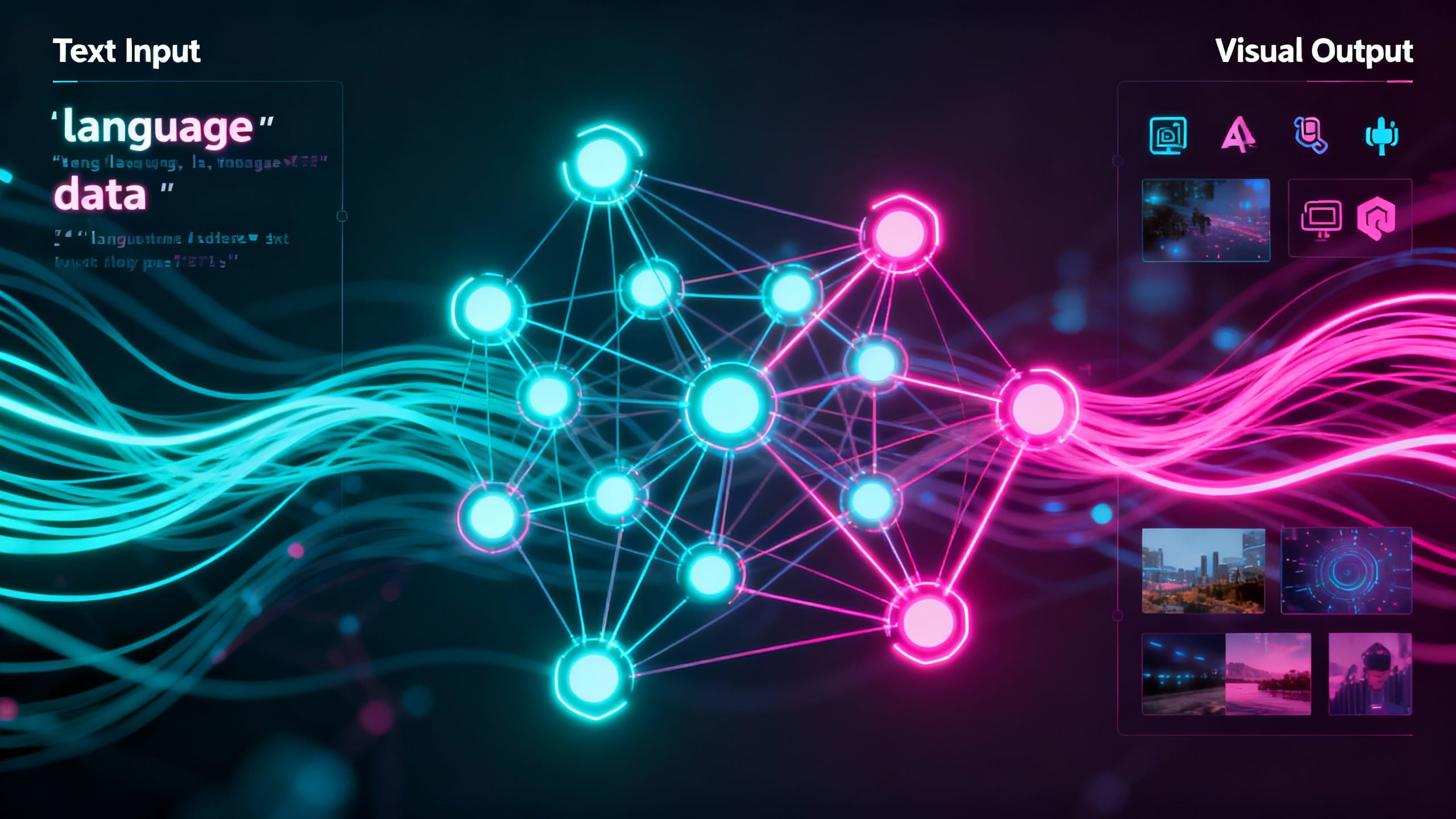 stylized image showing AI neural networks connecting text to visual elements