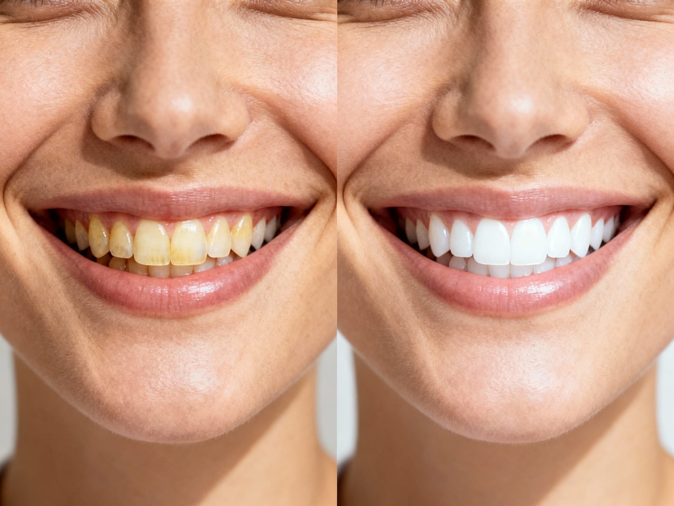 A person smiling brightly in a before-and-after teeth whitening photo