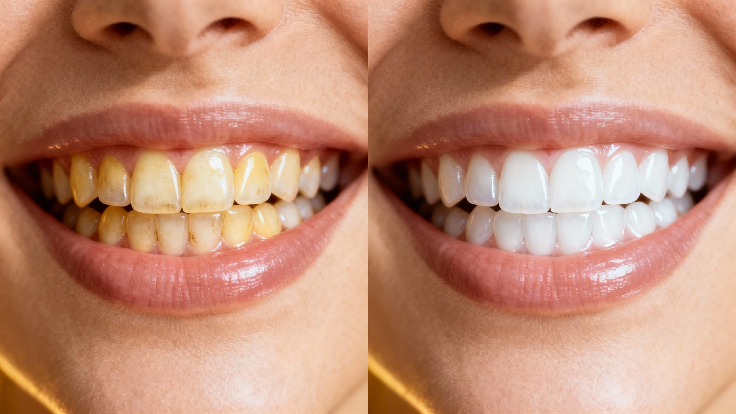 A subtle before-and-after photo showing natural teeth whitening