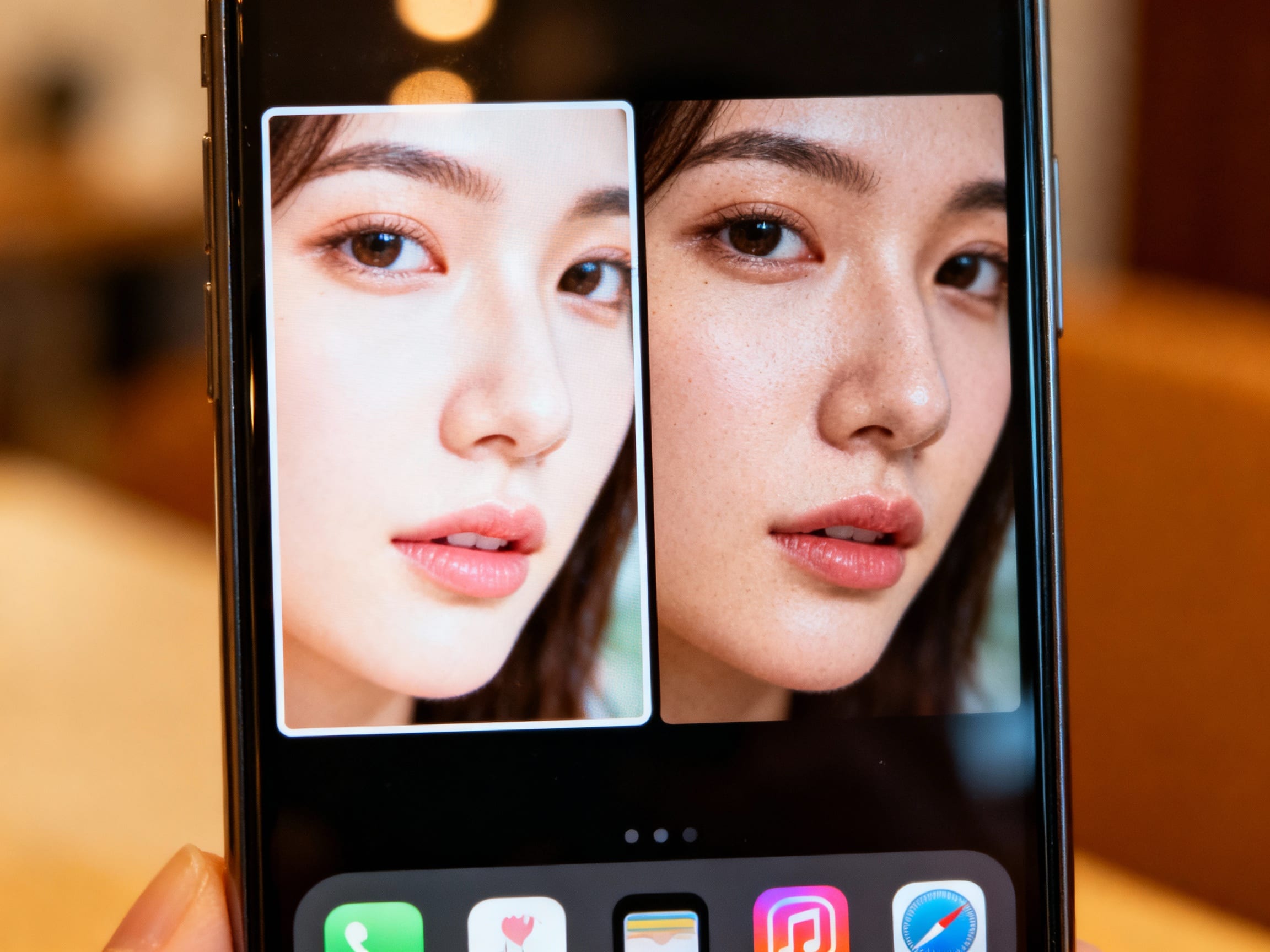 a phone screen showing a filtered snapchat photo next to an unfiltered version