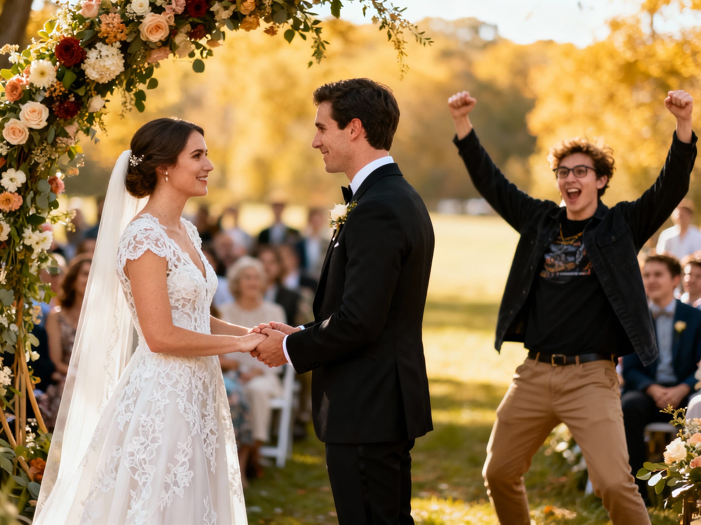 Before photo of a wedding scene with a noticeable photobomber