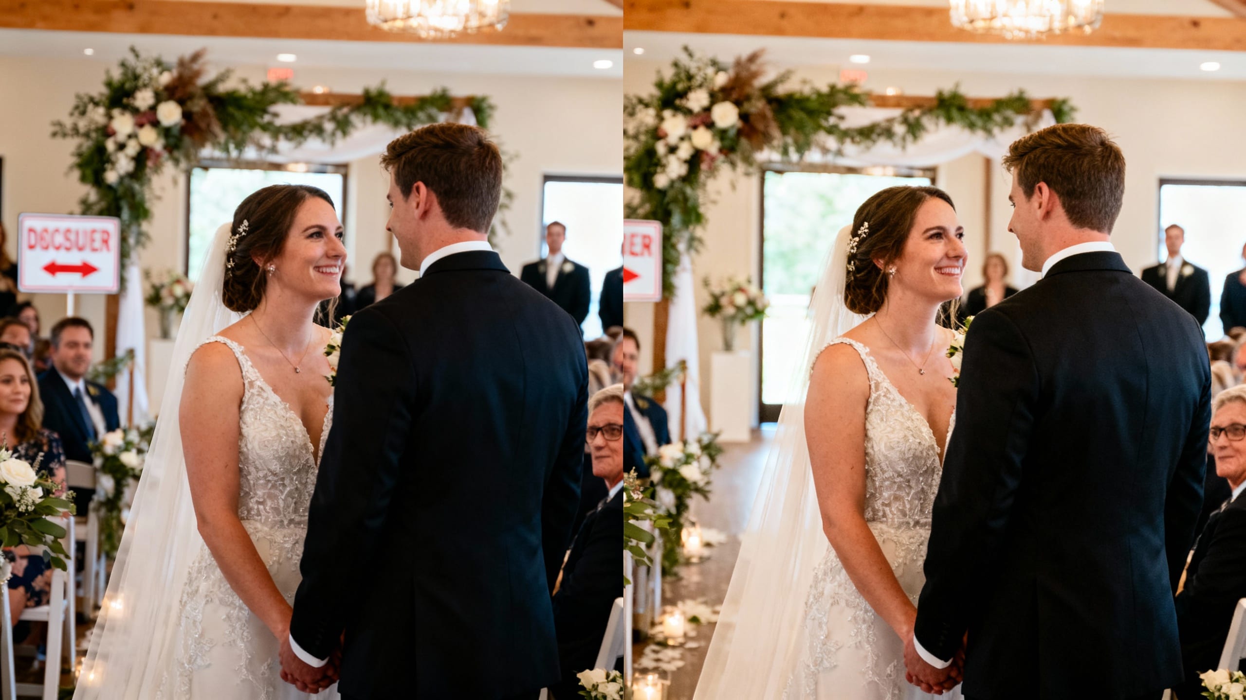Side-by-side before and after showing a distracting sign removed from a wedding photo, with the background naturally rebuilt